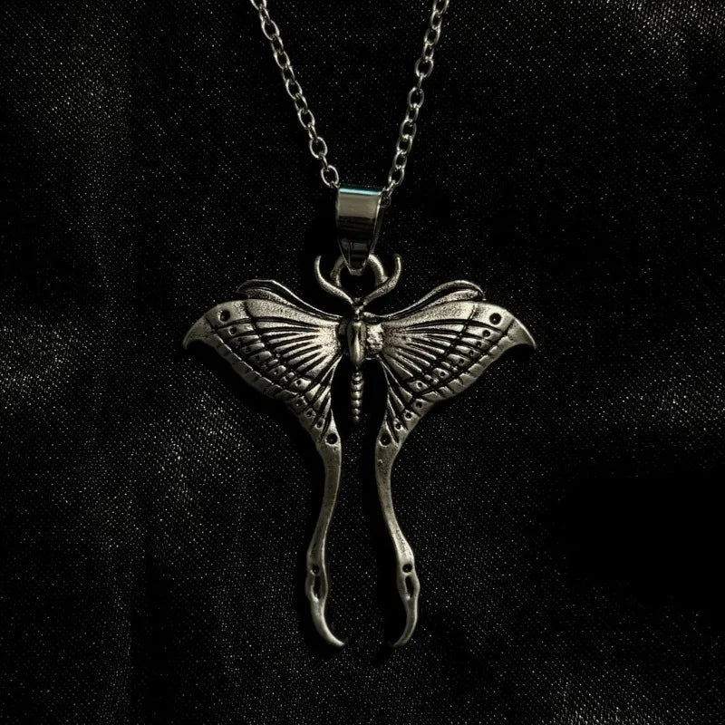Gothic Punk Ancient Silver Moon Moth Pendant Necklace for Men Women Halloween Witch Daily Wear Alternative Jewelry Accessories
