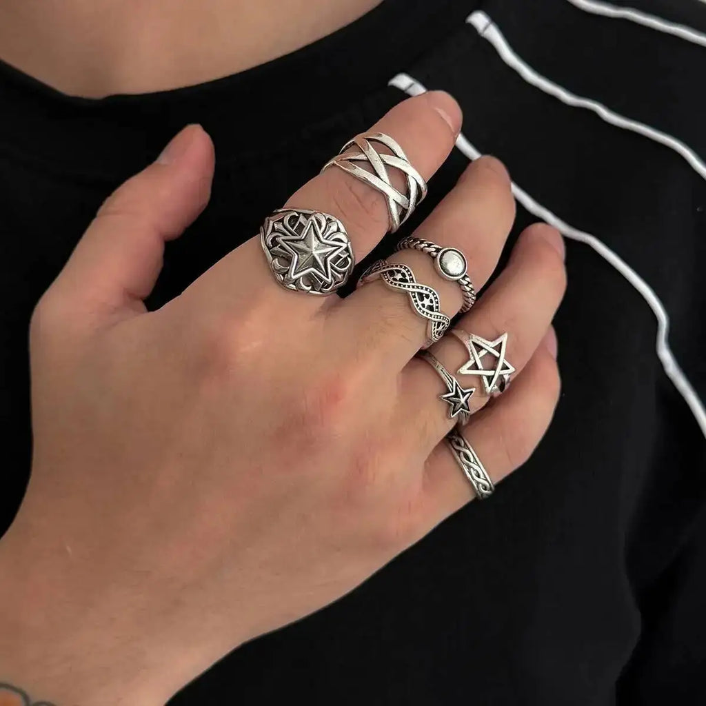 KunJoe 7 Pcs/Set Hip Hop Irregular Star Open Rings for Men New Punk Geometric Pentagram Adjustable Ring Male Jewelry