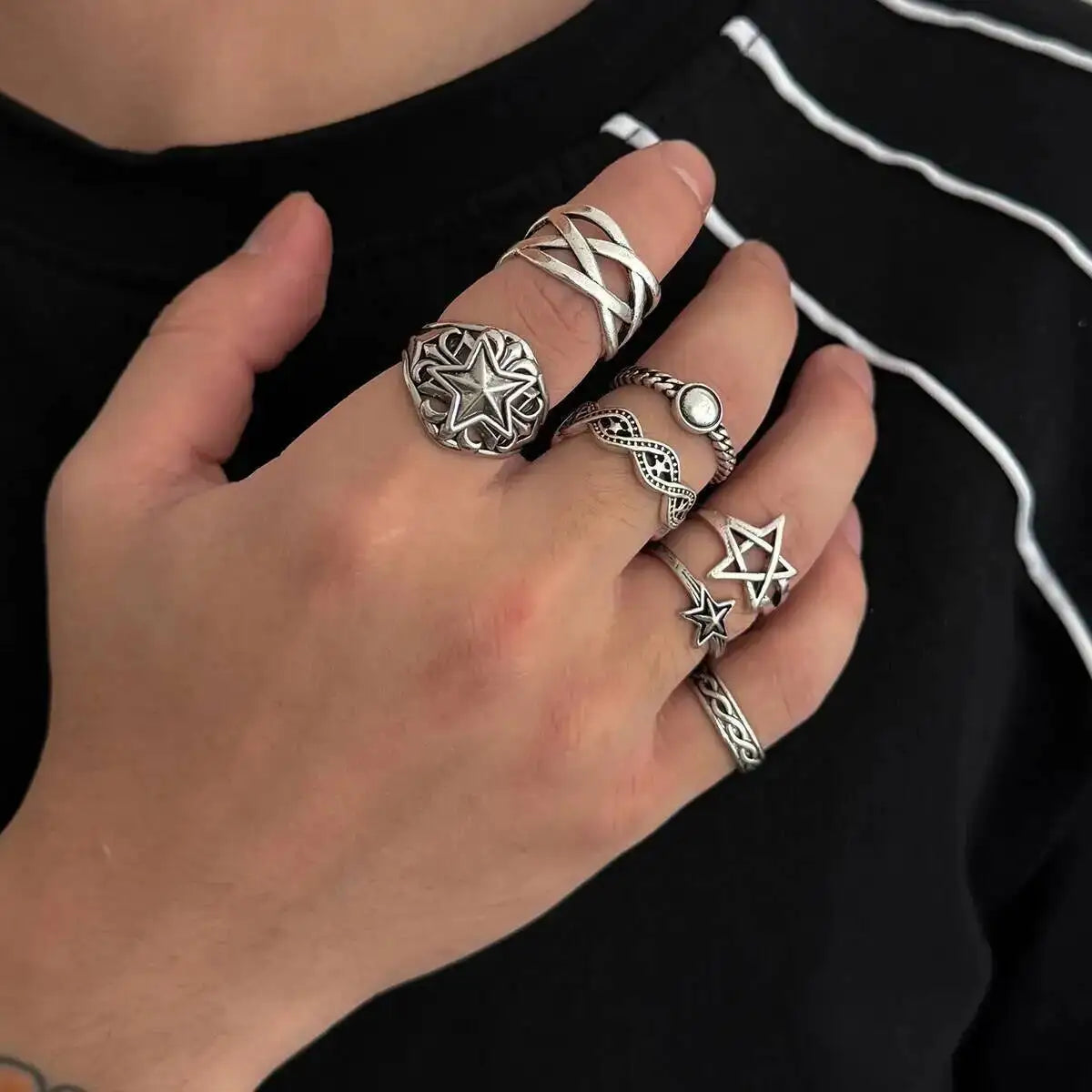 KunJoe 7 Pcs/Set Hip Hop Irregular Star Open Rings for Men New Punk Geometric Pentagram Adjustable Ring Male Jewelry