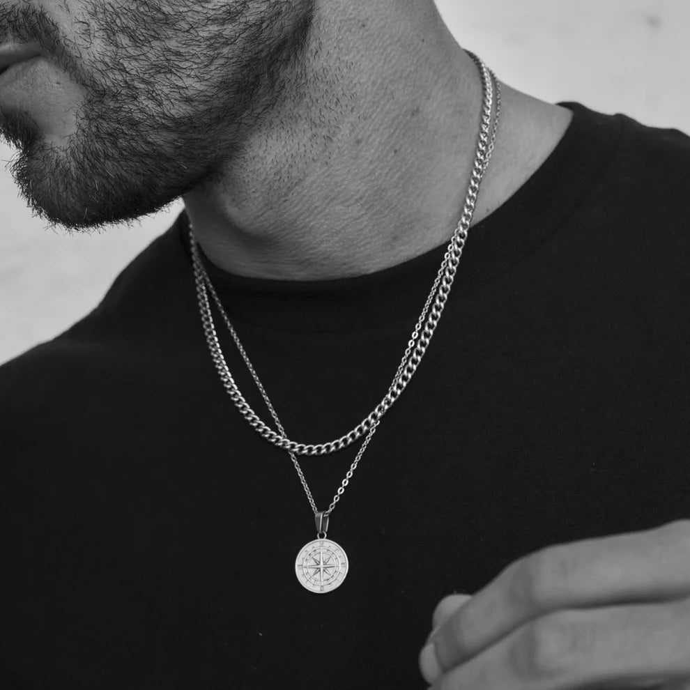 Layered Compass Cuban Figaro Necklace — Stainless Steel