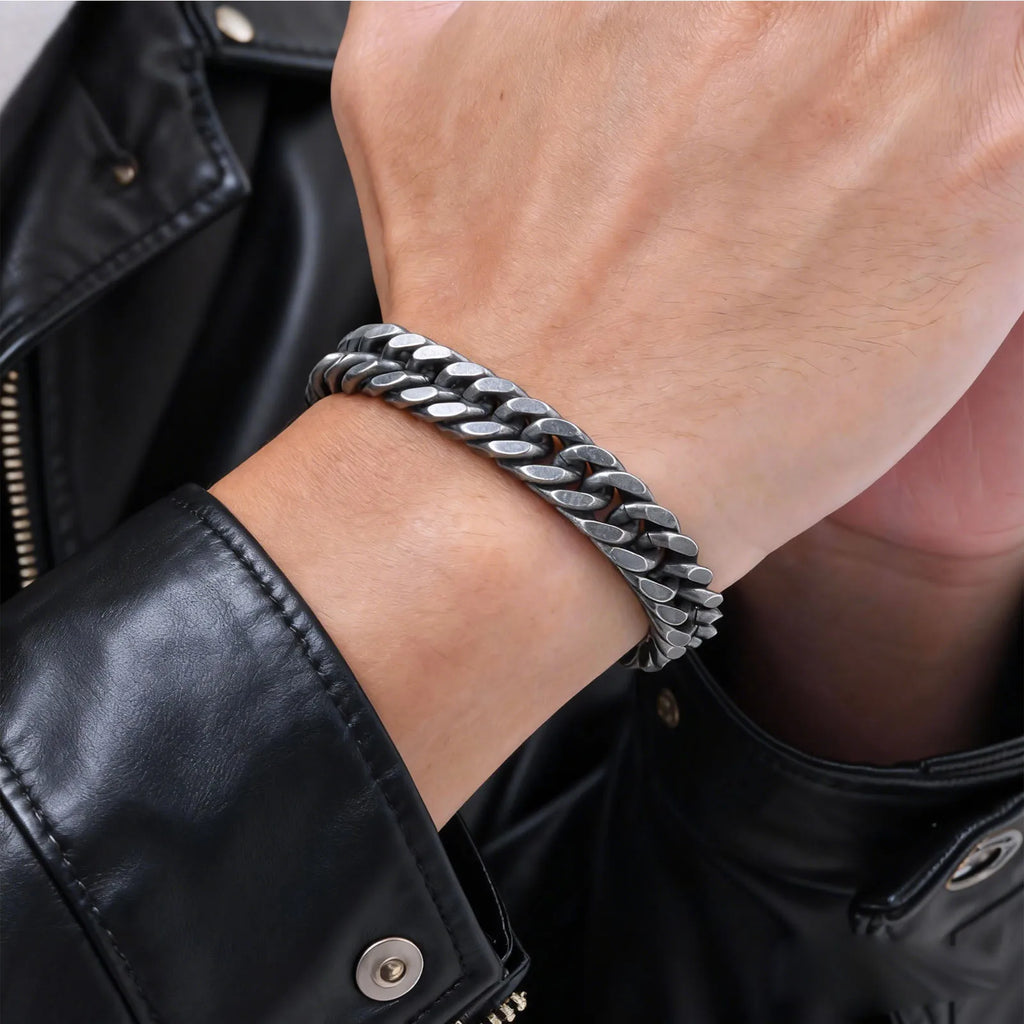 Vintage Men's Chunky Chain Bracelets,8/10/12mm Retro Grey Stainless Steel Cuban Chain Wristband,Rock Punk Classic
