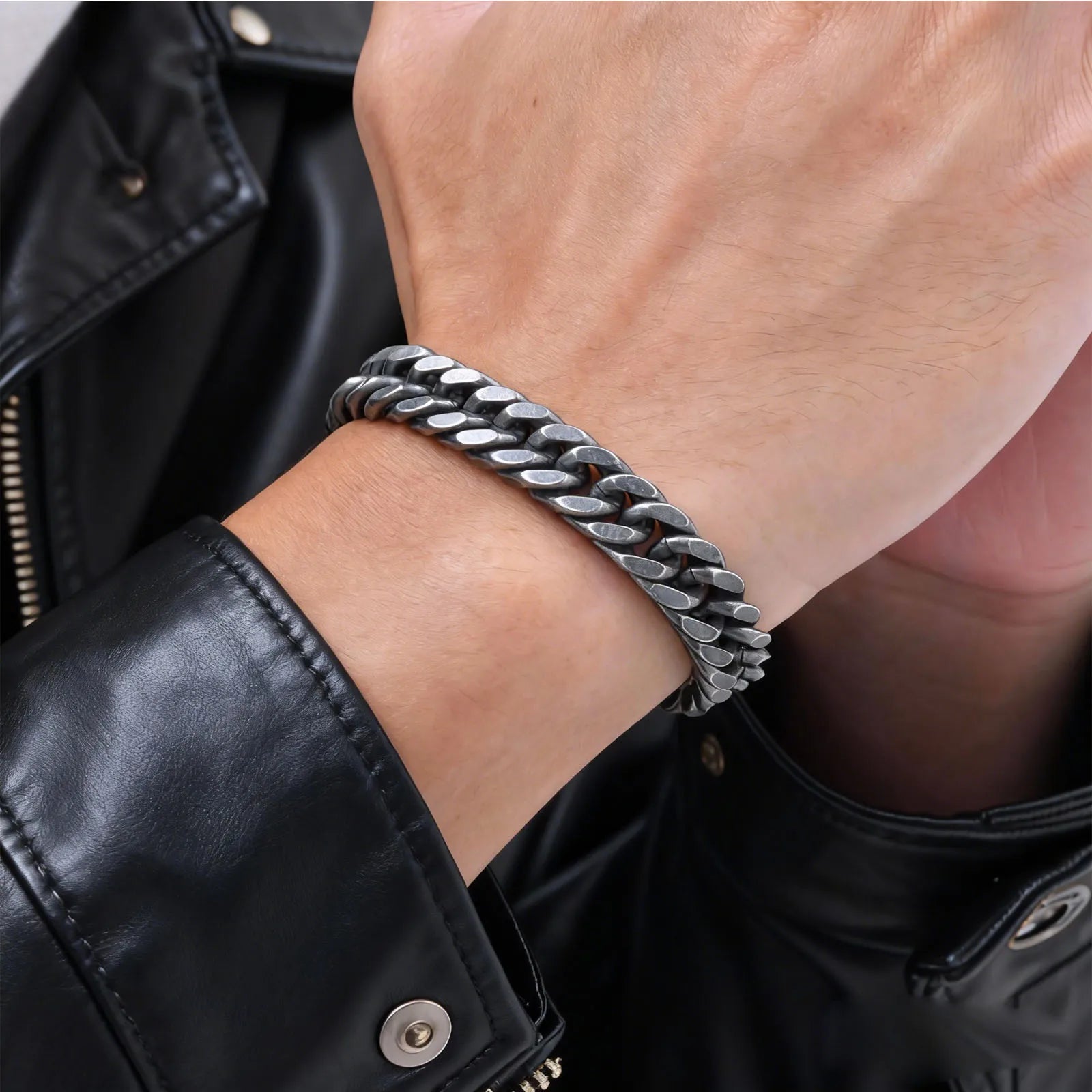 Vintage Men's Chunky Chain Bracelets,8/10/12mm Retro Grey Stainless Steel Cuban Chain Wristband,Rock Punk Classic