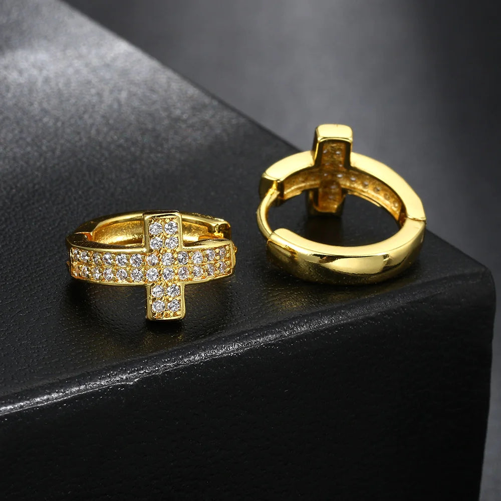Cross Iced Out Earrings Stainless Steel CZ