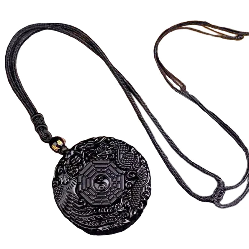 Natural Black Obsidian Hand Carved Chinese Dragon Phoenix Bird Amulet BaGua Necklace For Women Men Luck Mascot Amulet Pendant