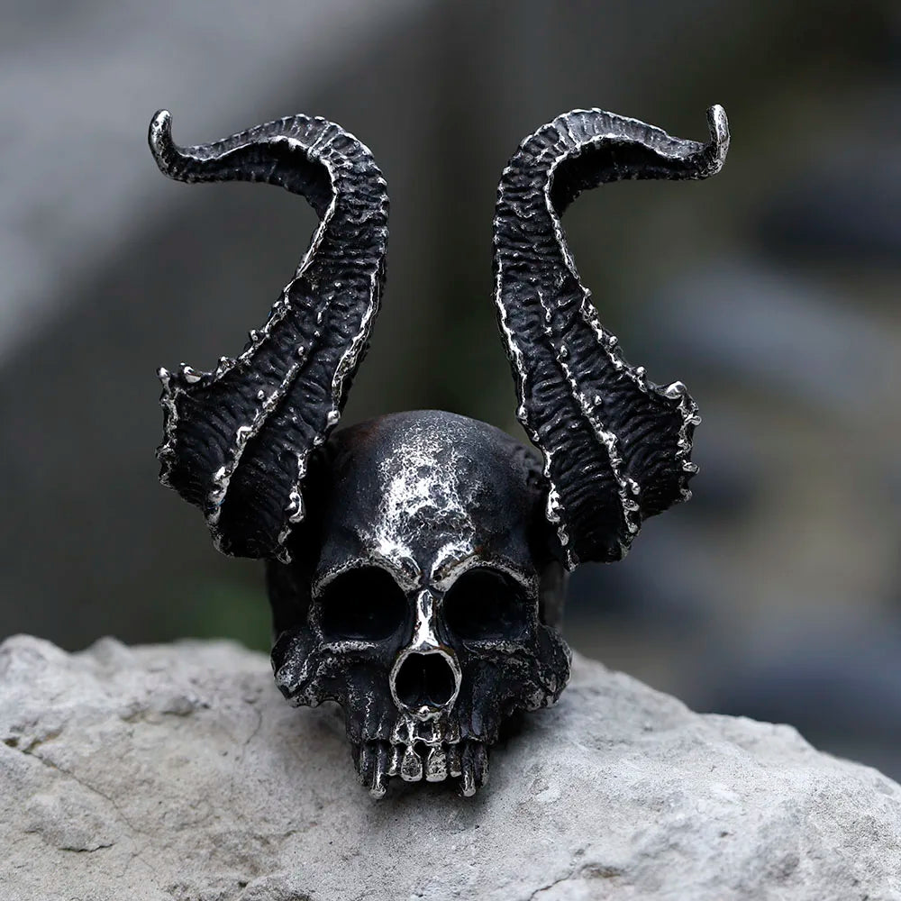 NEW Men's 316L Stainless-Steel Rings Skull Ring Horned Satan Devil Ring for Teens Gothic Punk Jewelry Gifts Dropshipping