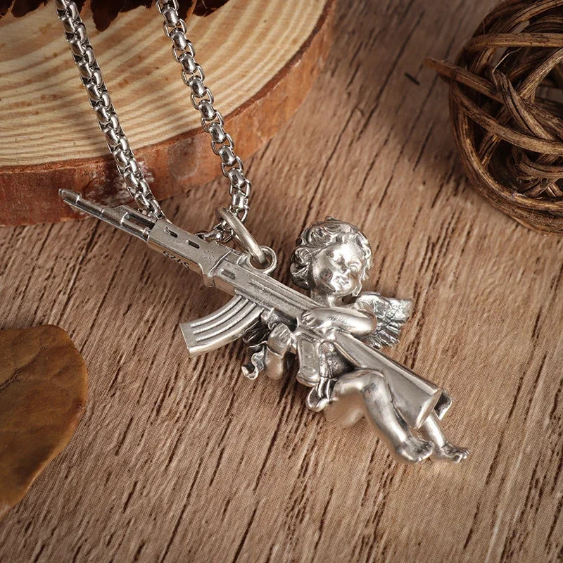 Avenging Angel Machine Gun Pendant Stainless Steel Necklace Suitable for Men and Women Hip-Hop Trendy Punk Jewelry Couple Gifts