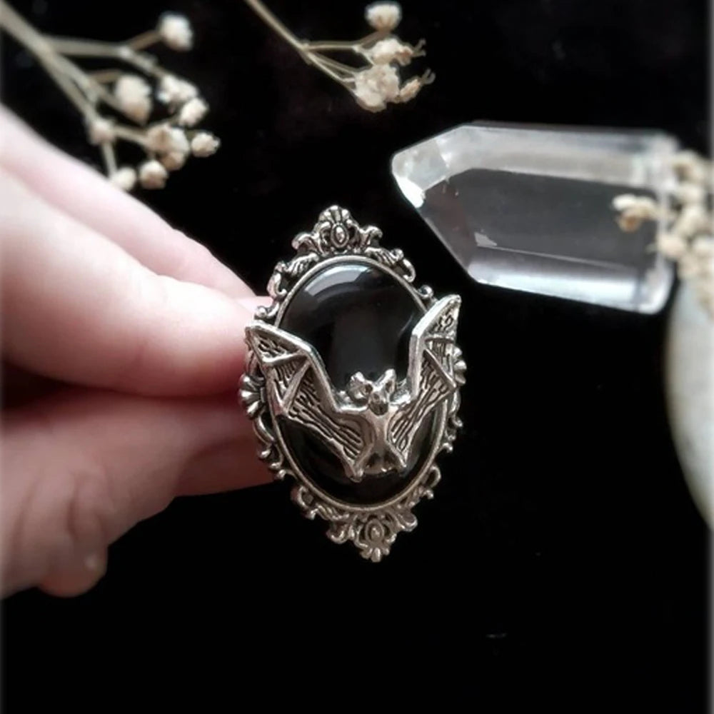 Gothic Vampire Bat Ring Crystal Ring Gothic Witch Ring Victorian Pagan Jewelry Gift For Bat Lovers Adjustable Bat Cameo Rings