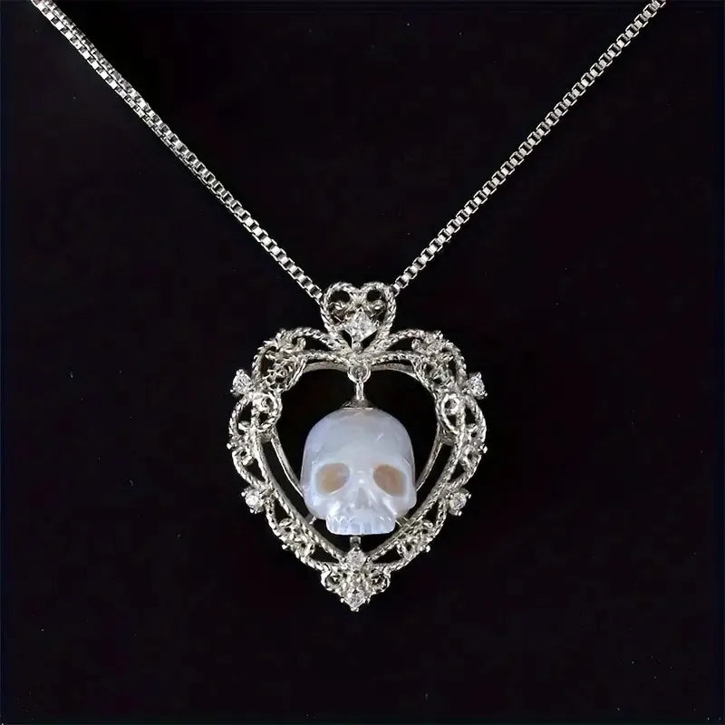 Boho Unisex Copper Skull Pendant Necklace with Faux Pearl Heart and Zirconia Accents, Everyday Wear Vacation Party