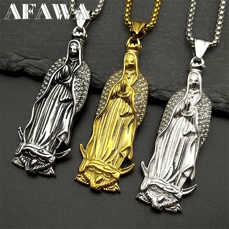 Virgin Mary Guadalupe Rhinestone Necklace — Stainless Steel