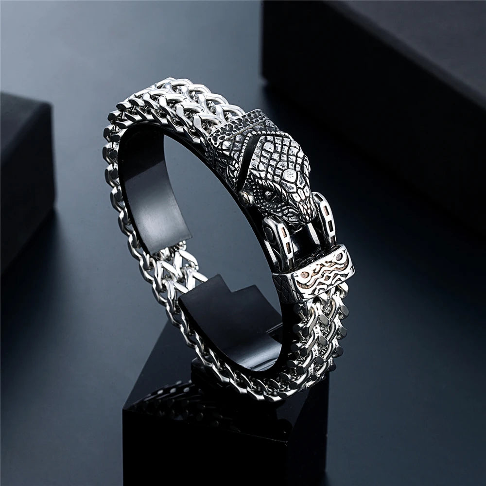 Retro Vikings Bear Norse Wolf Bracelets Men Punk Stainless Steel Mesh Chain Snake Eagle Animal Biker Wristband