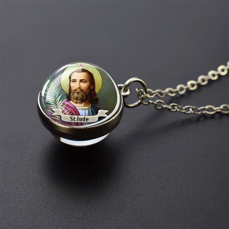 Jesus and Virgin Mary Necklace Saint Michael Jude Anthony Patrick Paul Glass Ball Pendant Religious Jewelry Christian Gift