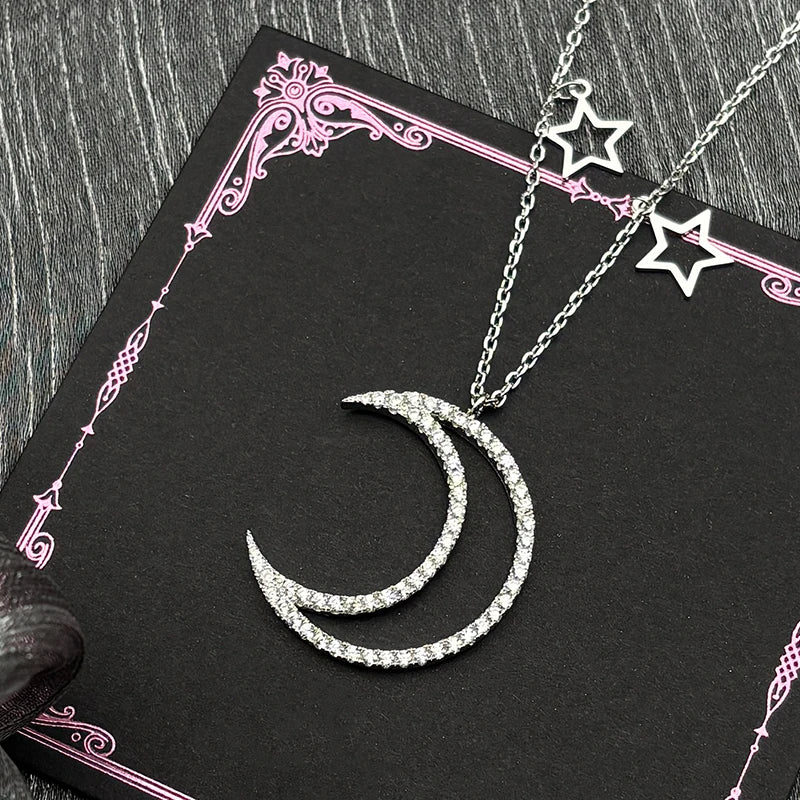 Star Silver Pendant Zircon Sterling Crescent Moon