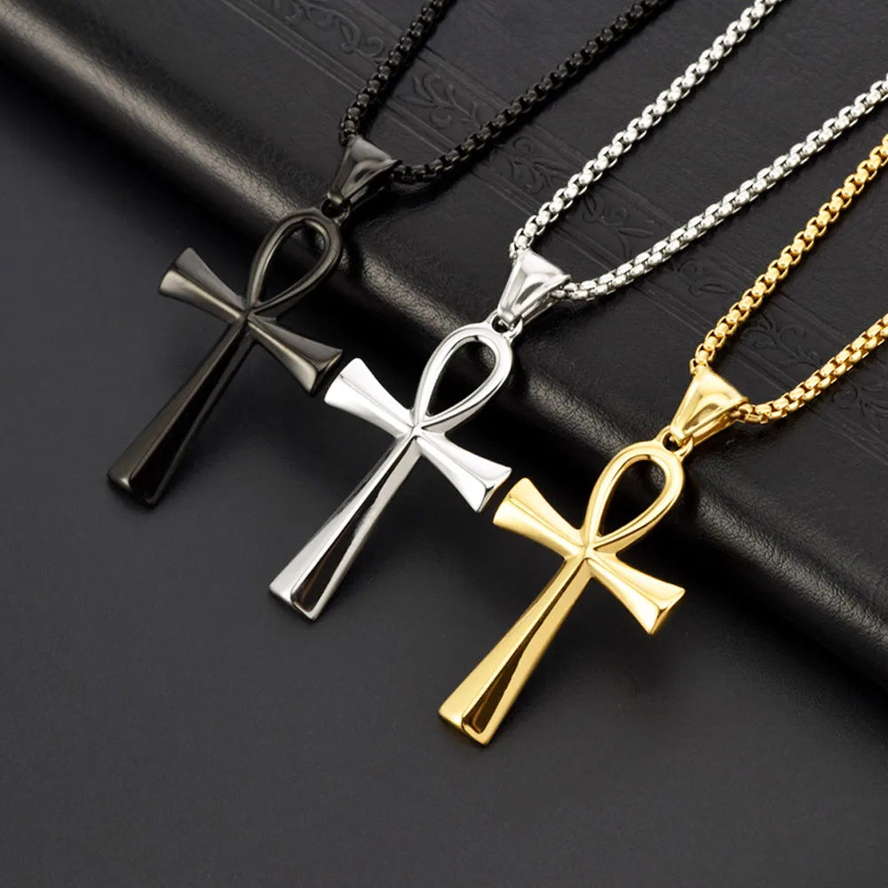 Retro Simple Egyptian Anka Cross Stainless Steel Pendant Necklace Popular Fashion Men and Women Outdoor Party Myth Jewelry Gifts