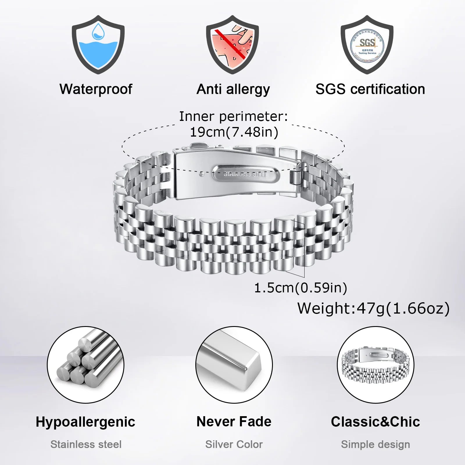 Vnox 15mm Masculine Watch Band Bracelets for Men Husband, Chunky Heavy Stainless Steel Links Wristband, Gentle Business Gift