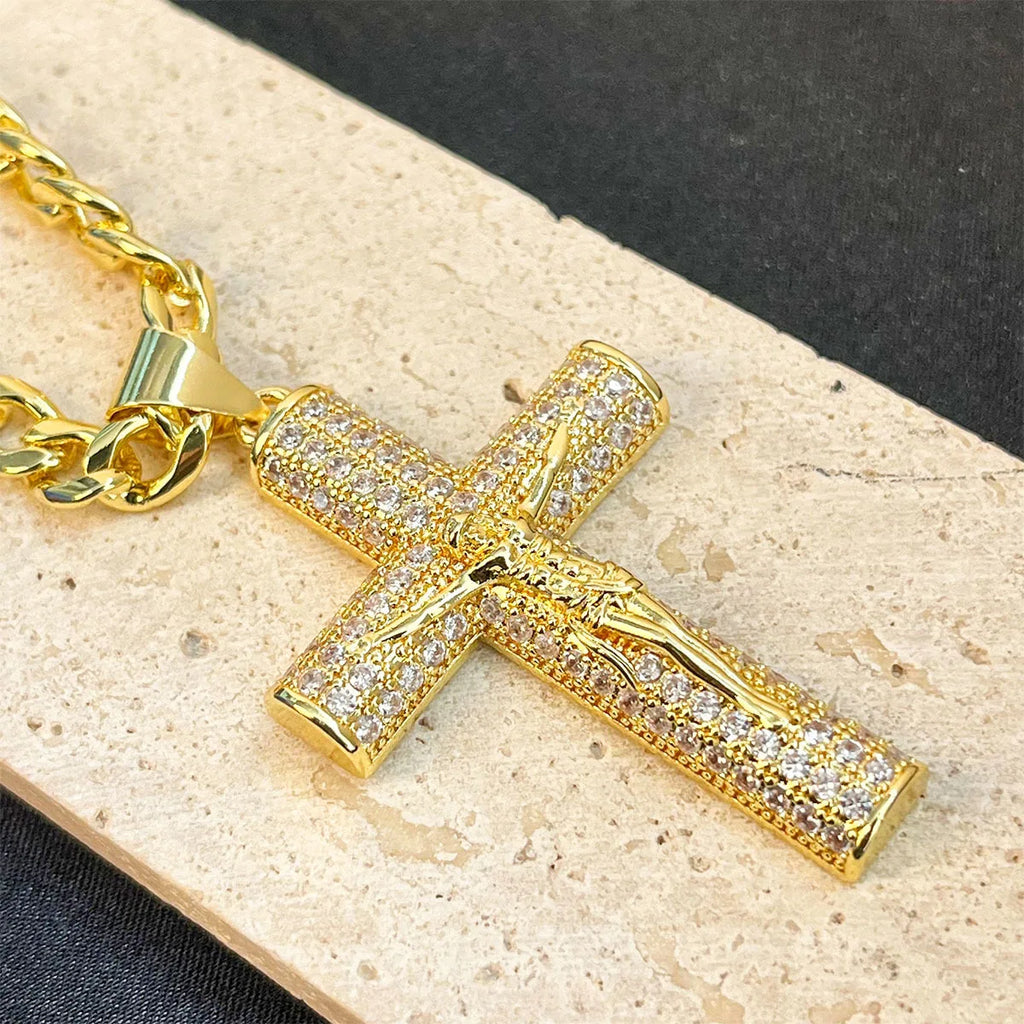 Gold-Plated Cross Necklace for Men Advanced Nanotech Tarnish-Free Cuban Figaro Rope Miami Chains with Jesus Crucifix