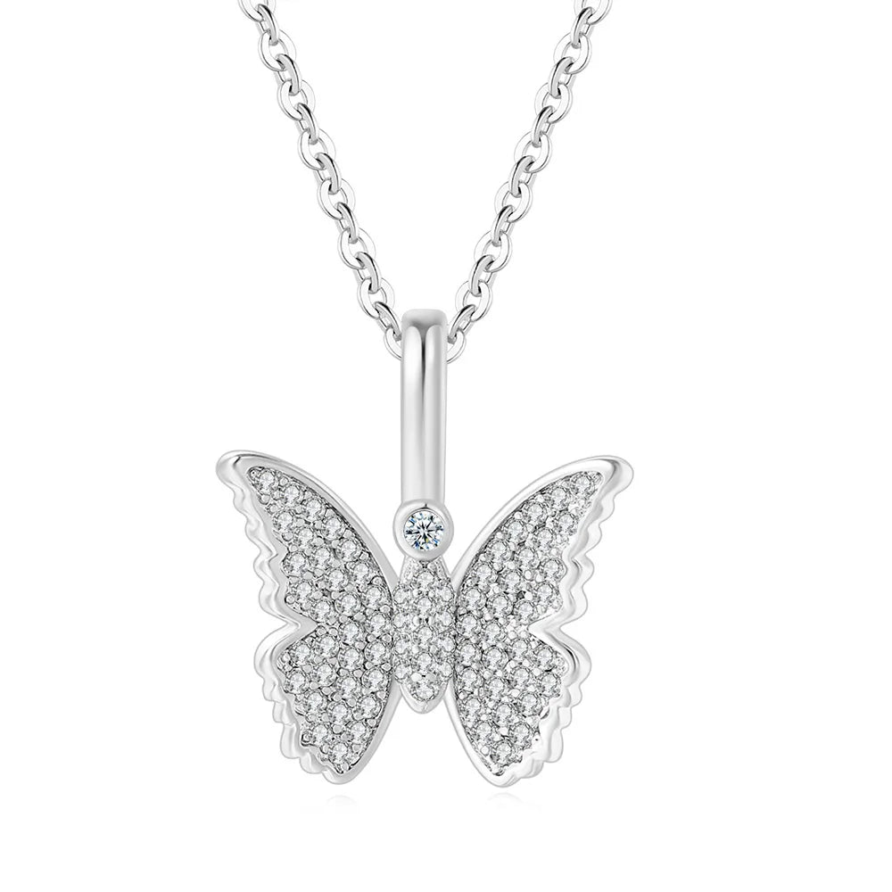 Iced Out Butterfly Pendant Necklace Stainless Steel