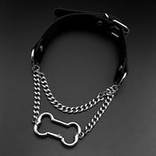 Gothic Bone Curb Chain Choker — Silver Leather