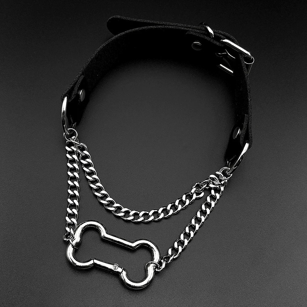 Gothic Bone Carabiner PU Leather Choker Double Silver Color Curb Chain Adjustable Rivet Neck Collar Punk Egirl Street