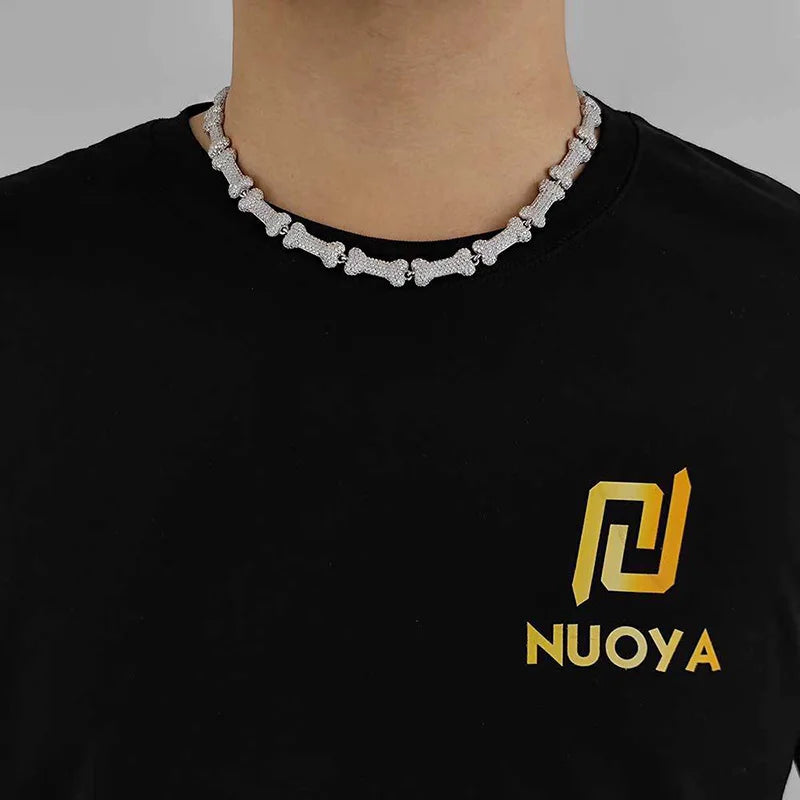 HIP Hop 3A+ CZ Stone Paved Bling Iced Out 10mm Bone Shape Link Chain Necklace for Men Rapper Jewelry Gift