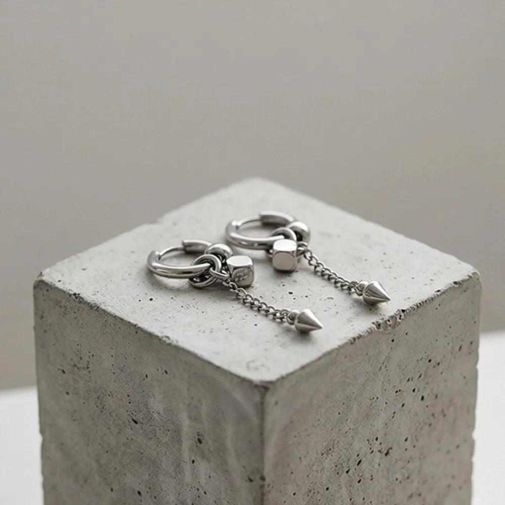 Silver Chain Spike Dangle Earrings Stainless Steel