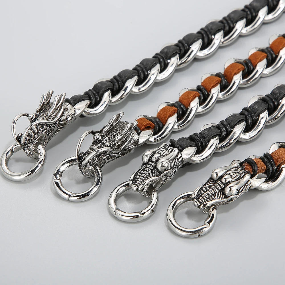 Punk Rocker Dragon Head Bracelet Man Braided Genuine Leather & 316l Stainless Steel Men's Wrist Strap Bracelets Handles
