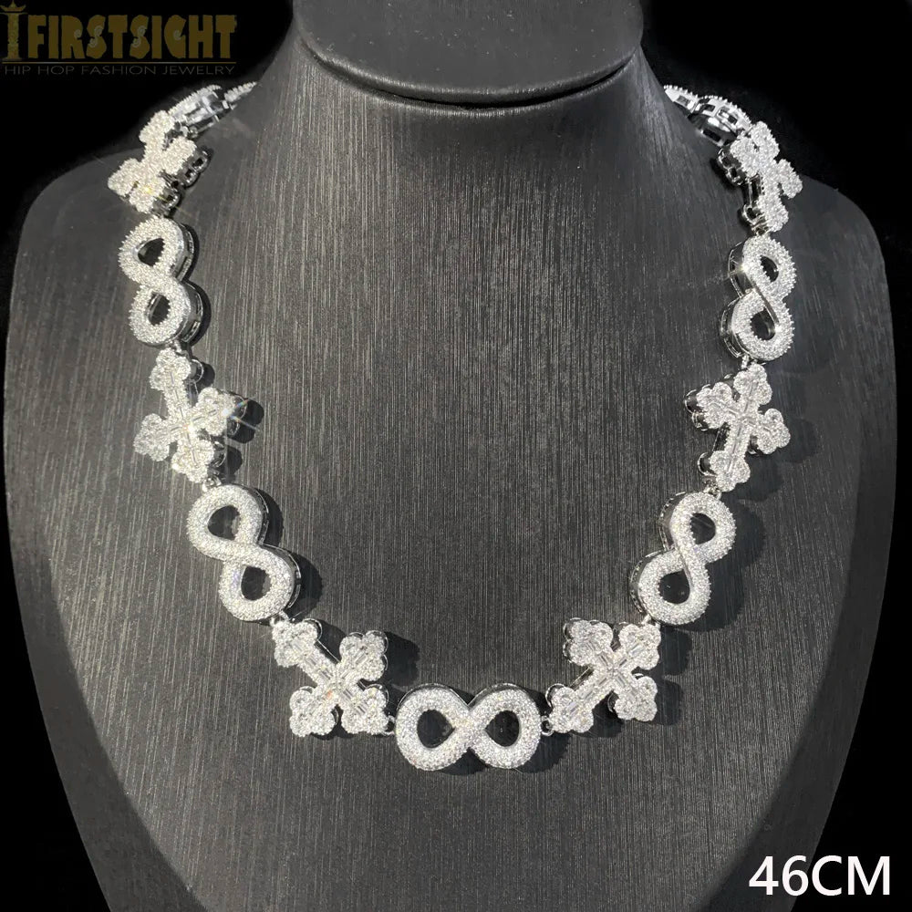 Iced Out Infinity Cross Necklace for Men Women Silver Color Prong Setting Cubic Zirconia Charm Star Link Chain Hip Hop
