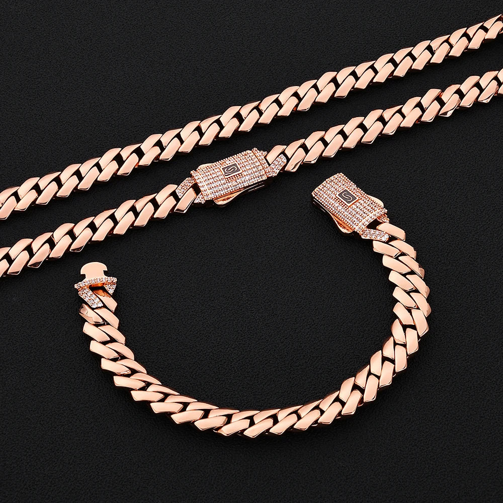HHIOK Gold Silver Rose Gold Miami Cuban Link Bracelet Men Copper Zircon Iced Out Box Clasp Hip Hop Jewelry