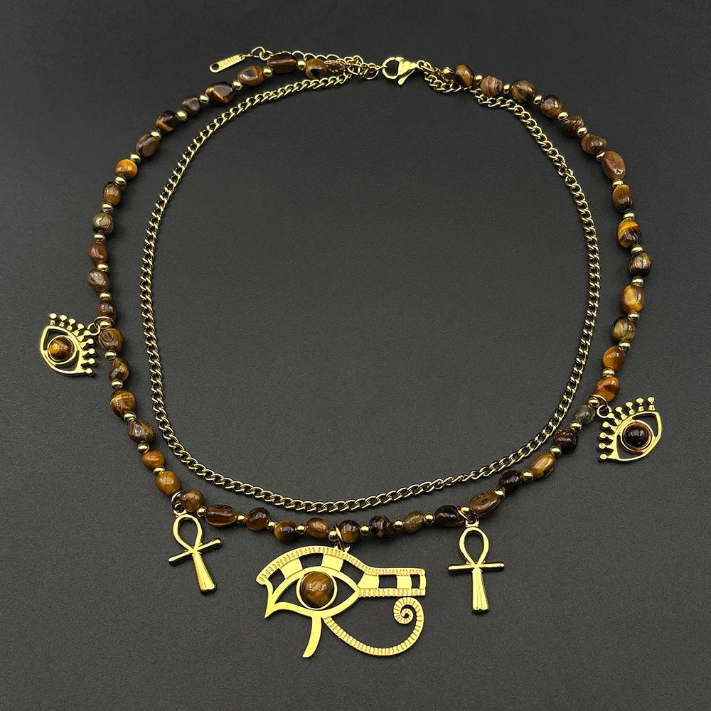 Boho Irregular Tiger Eye Stone Ankh Cross Eye of Horus Evil Eye Stainless Steel Double-layer Choker Necklace Gold Color