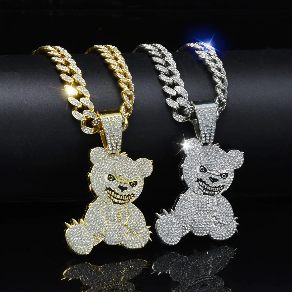 Men Women Iced Out Brown Bear Pendant Necklace With 13mm Miami Cuban Link Chain Men's Necklaces Choker Collar Hip Hop