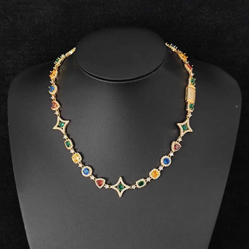 Gold Iced Out Chain Necklace Colored Gemstone