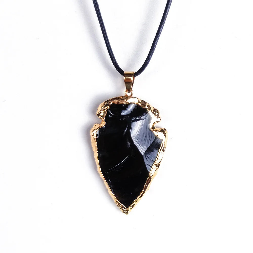 Natural Black Obsidian Arrow Shaped Crystals Pendant Golden Edge Plated Raw Healing Crystal Irregular Arrow Head Amulet