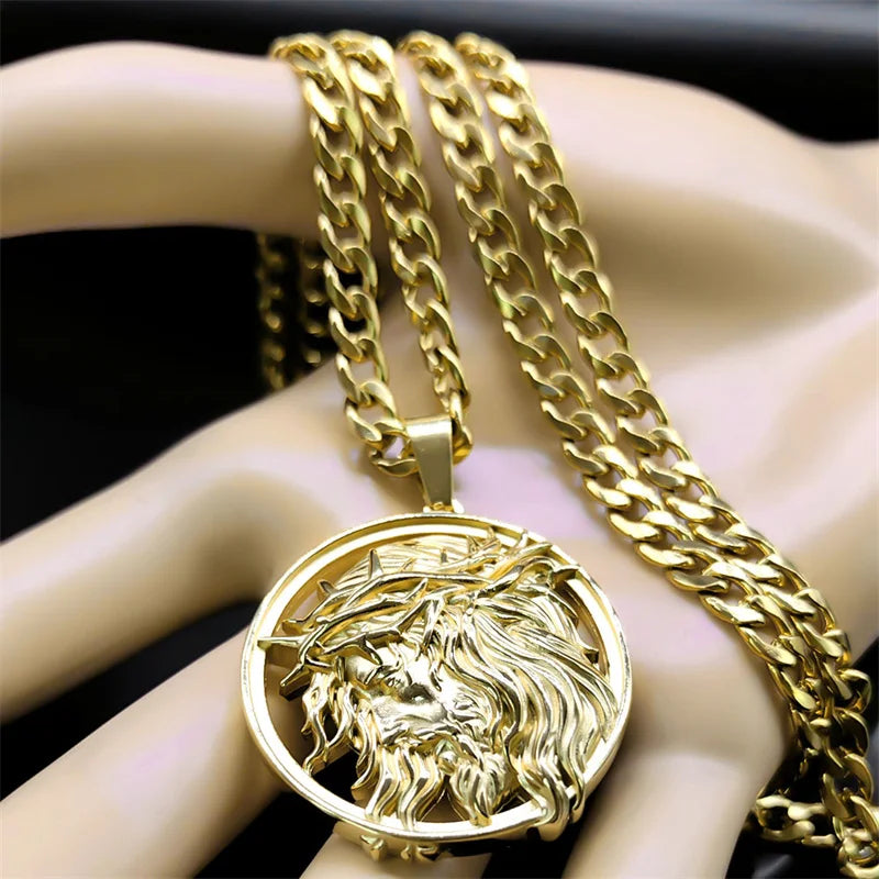 Jesus Crown of thorns Men's Necklace Stainless Steel Gold Color Chain Crucifix Medal Male Neckalces Religious Jewelry