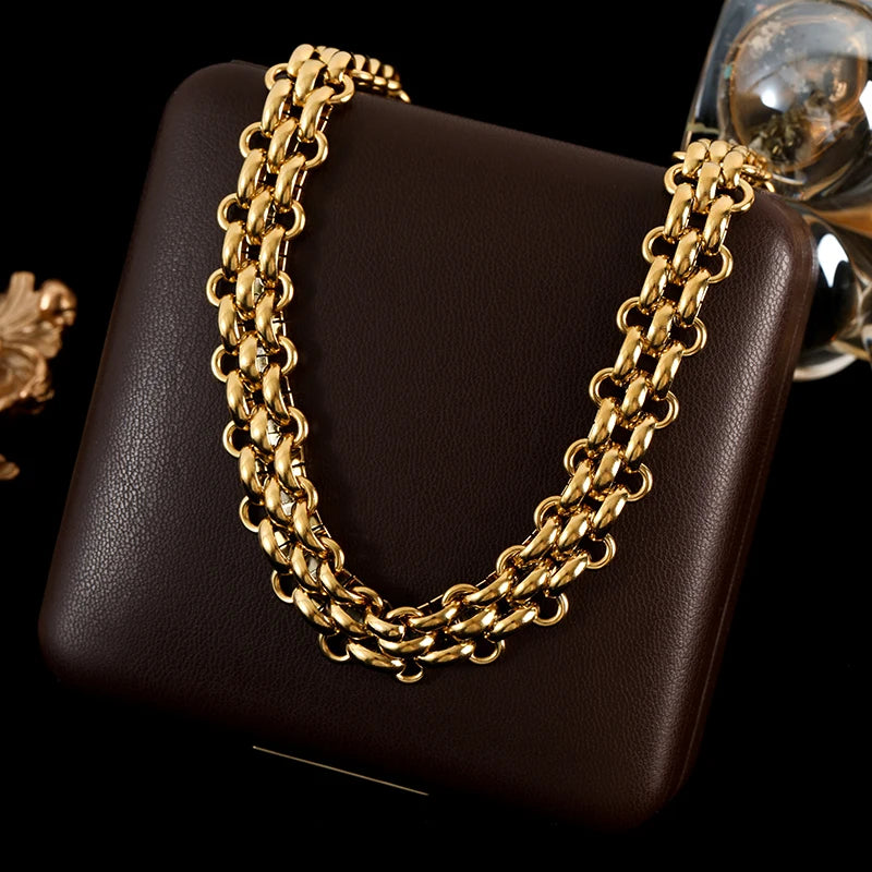 GANEMLY 316L Stainless Steel Metal Cuban Chain Necklace For Women Hip Hop Punk Waterproof 18K Gold Plated Neck Chain Jewelry