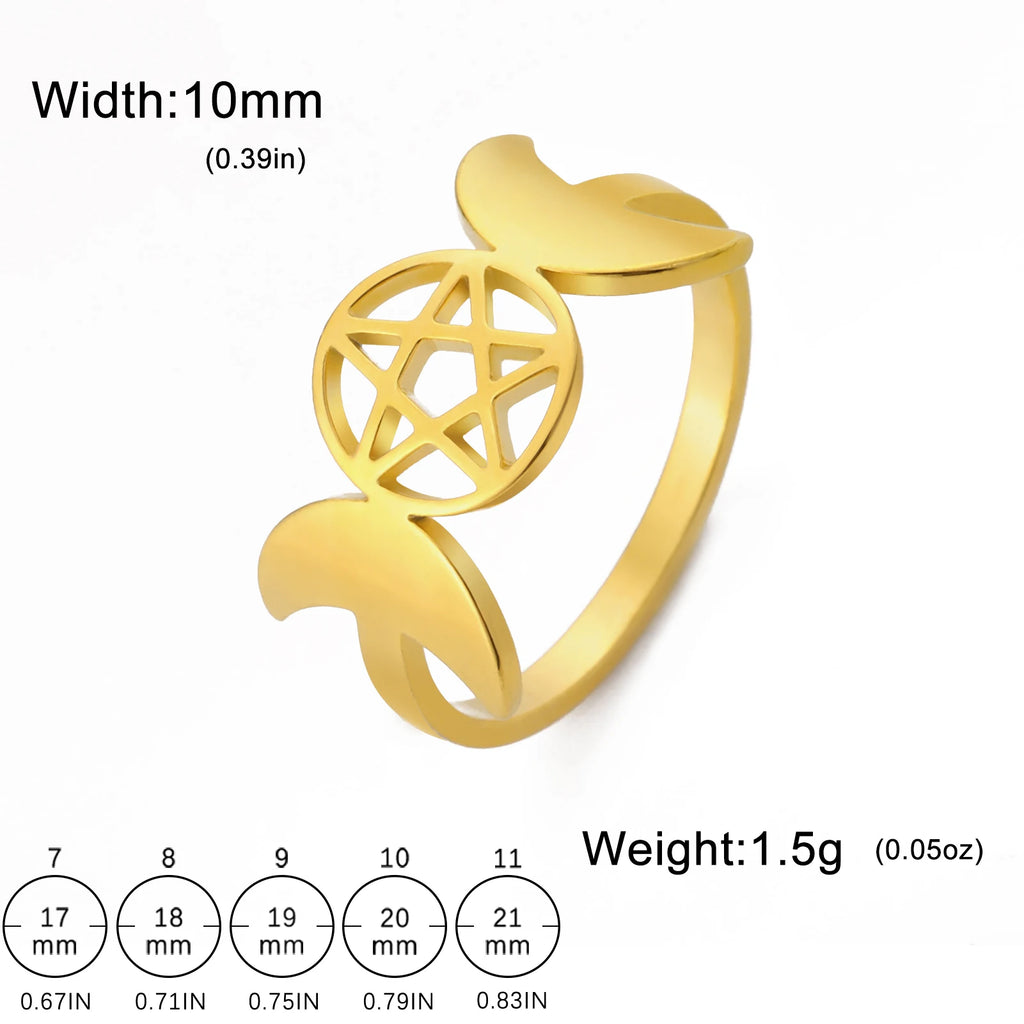 Triple Moon Pentagram Signet Ring — Stainless Steel