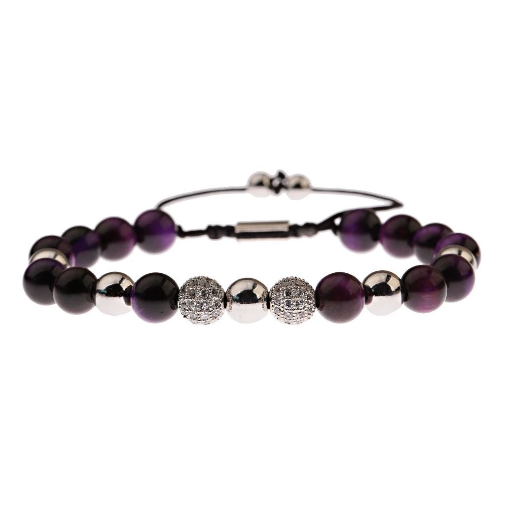 Black CZ Pave Ball Beaded Bracelet for Men — Adjustable Weave