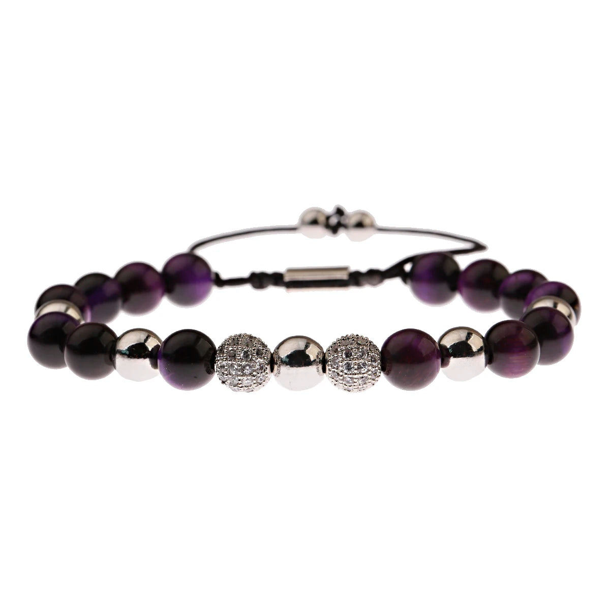 Black CZ Pave Ball Beaded Bracelet for Men — Adjustable Weave