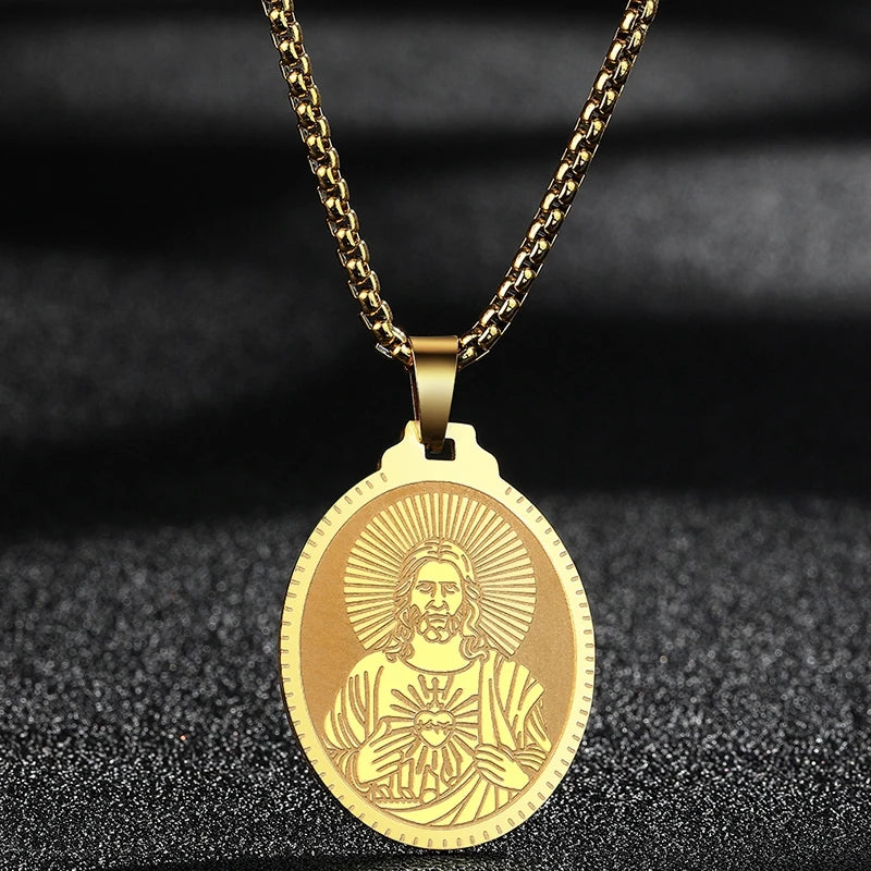 QIMING Dainty Saint George Pendant Necklace For Men Stainless Steel Warrior St. George's Dragon Medallion Mythology