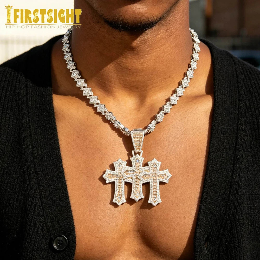 Iced Out Three Cross Pendant Necklace For Women Men Two Tone Silver Color Cubic Zirconia Tennis Chain Luxury Hip Hop Jewelry