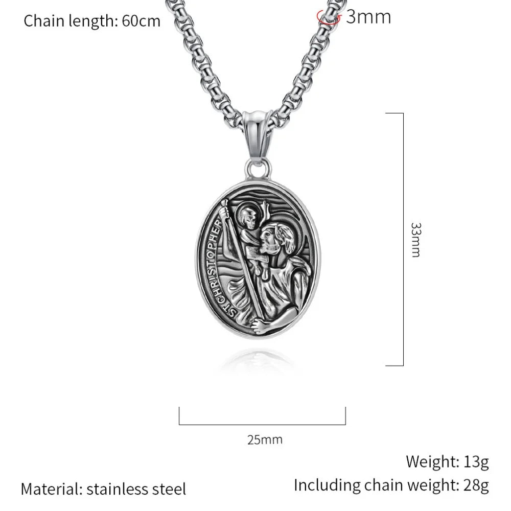 Religious St. Christopher Protect Us Necklace For Men Stainless Steel Geometric Oval Pendant Collares Jewelry