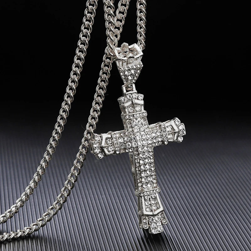 Gold Iced Out Cross Pendant Necklace Vintage Link
