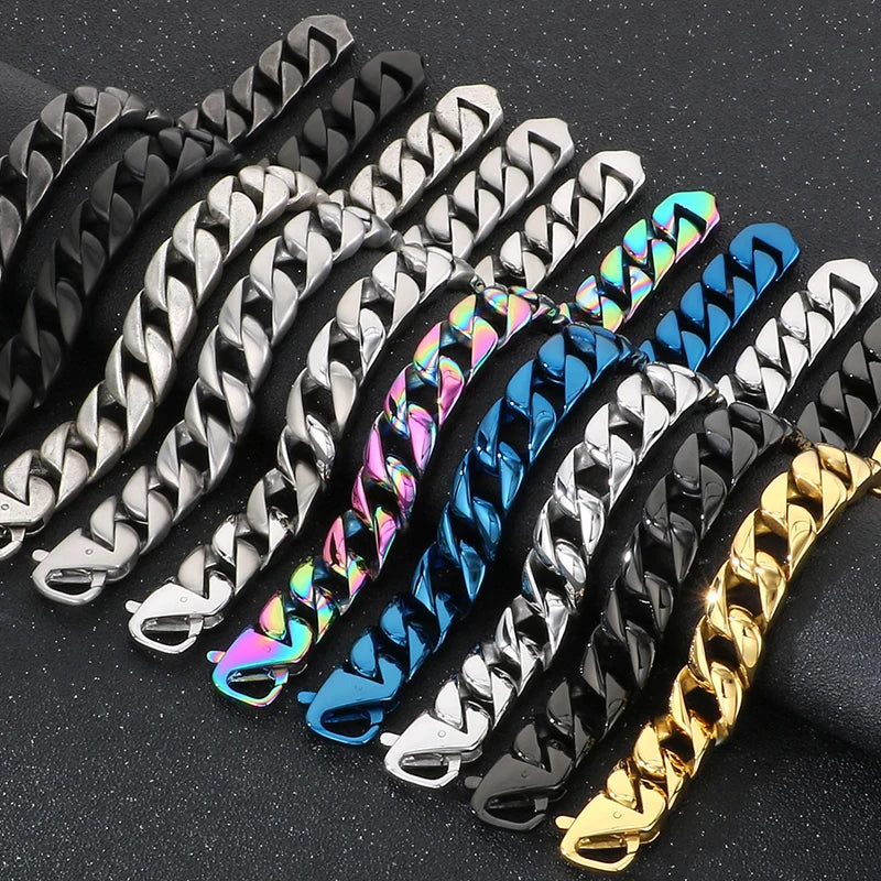 Vintage Black Stainless Steel Bracelet for Man Men's 15MM Wide Curb Link Chain Bracelets Bangles Armband Jewelry