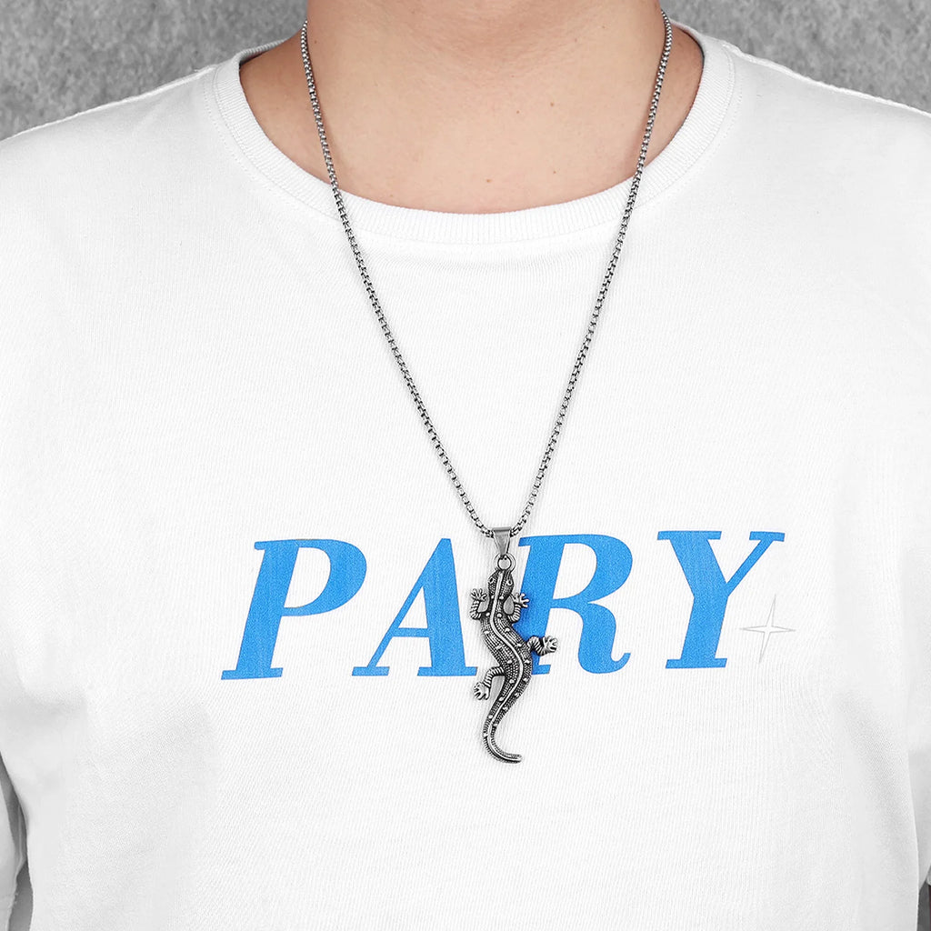 Studded Gecko Pendant Necklace — Stainless Steel