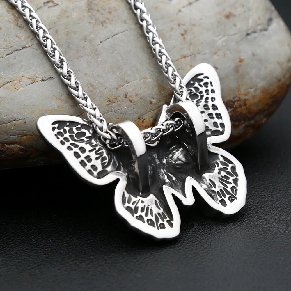 Vintage 316L Stainless Steel Butterfly Skull Pendant Necklace Hip Hop Biker Fashion Animal Necklaces For Men Women