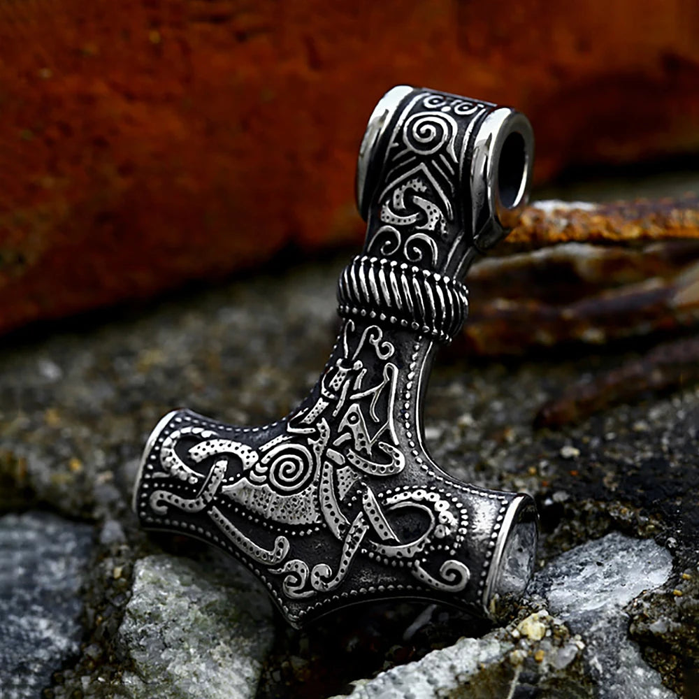 Vintage Stainless Steel Viking Thor's Hammer Pendant Necklace For Men Nordic Celtic Knot Necklace Fashion Jewelry Gift