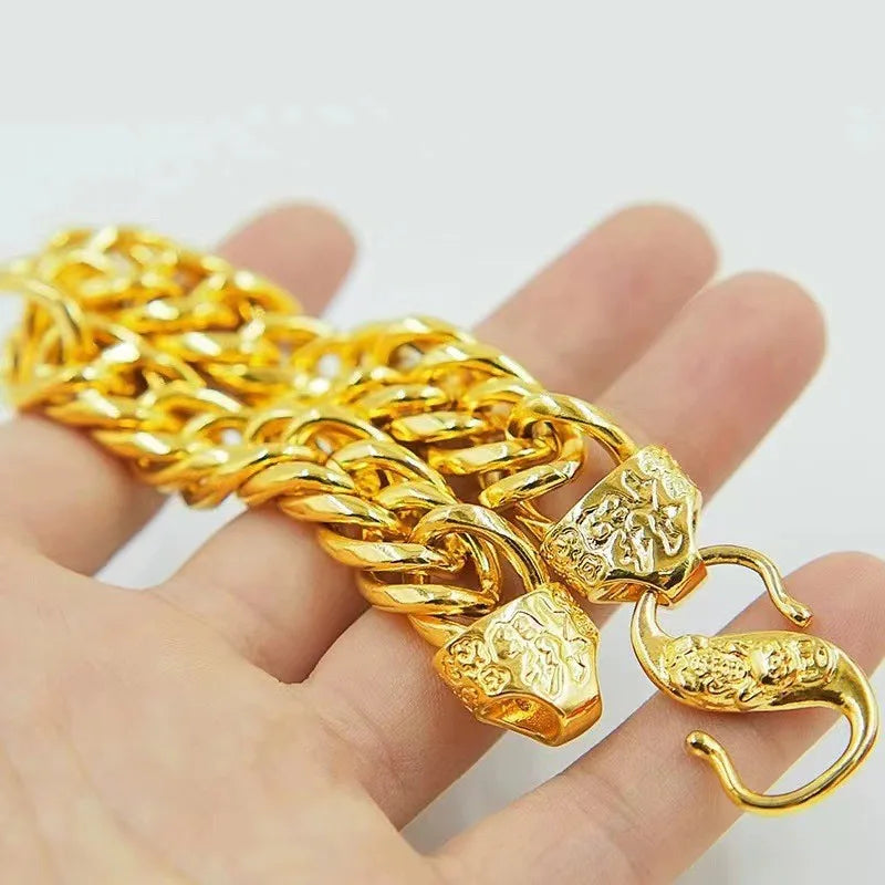 Men's Thickened 24K Gold AU999 Fortune Buckle Boss Necklace Classic Retro Chain Jewelry for Stylish Gentlemen