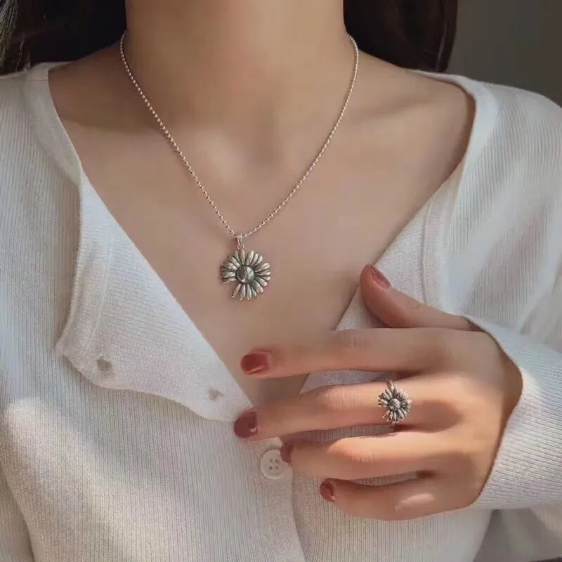 Silver-Tone Large Sunflower Pendant Necklace, 60cm