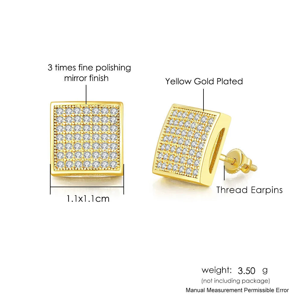 Iced Out Round Square Stud Earrings — Gold