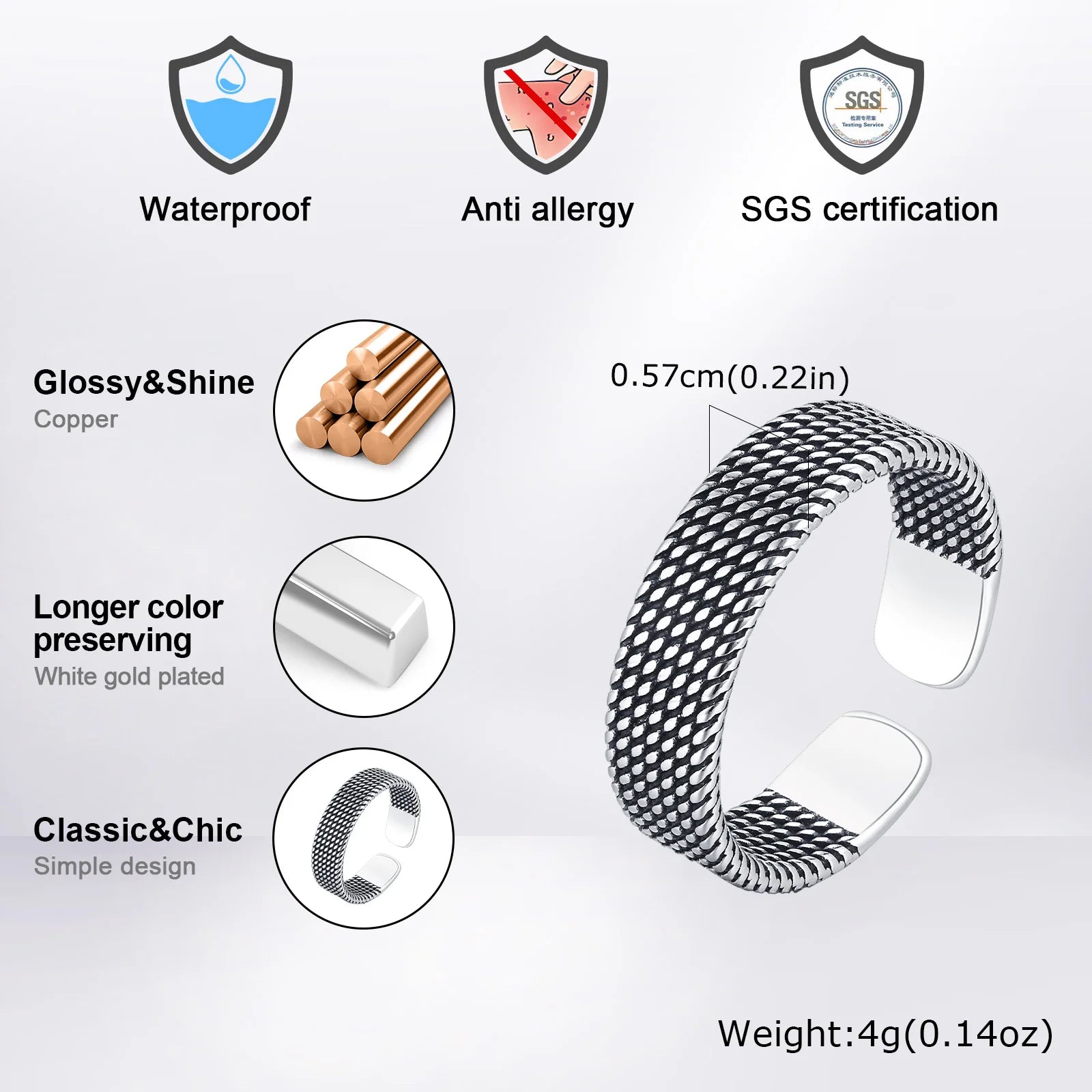 Vnox 5.7mm Woven Textured Open Ring for Men Boys, Adjustable Simple Metal Finger Band, Vintage Male Jewelry