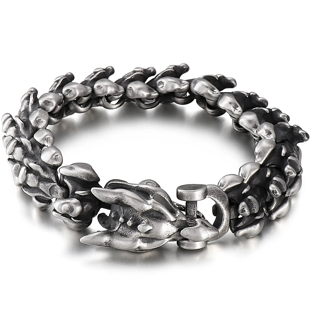 Punk Rock Chinese Loong Dragon Head & Body Chain Bracelet for Man Matte Brushed Stainless Steel Bracelets Men's Male