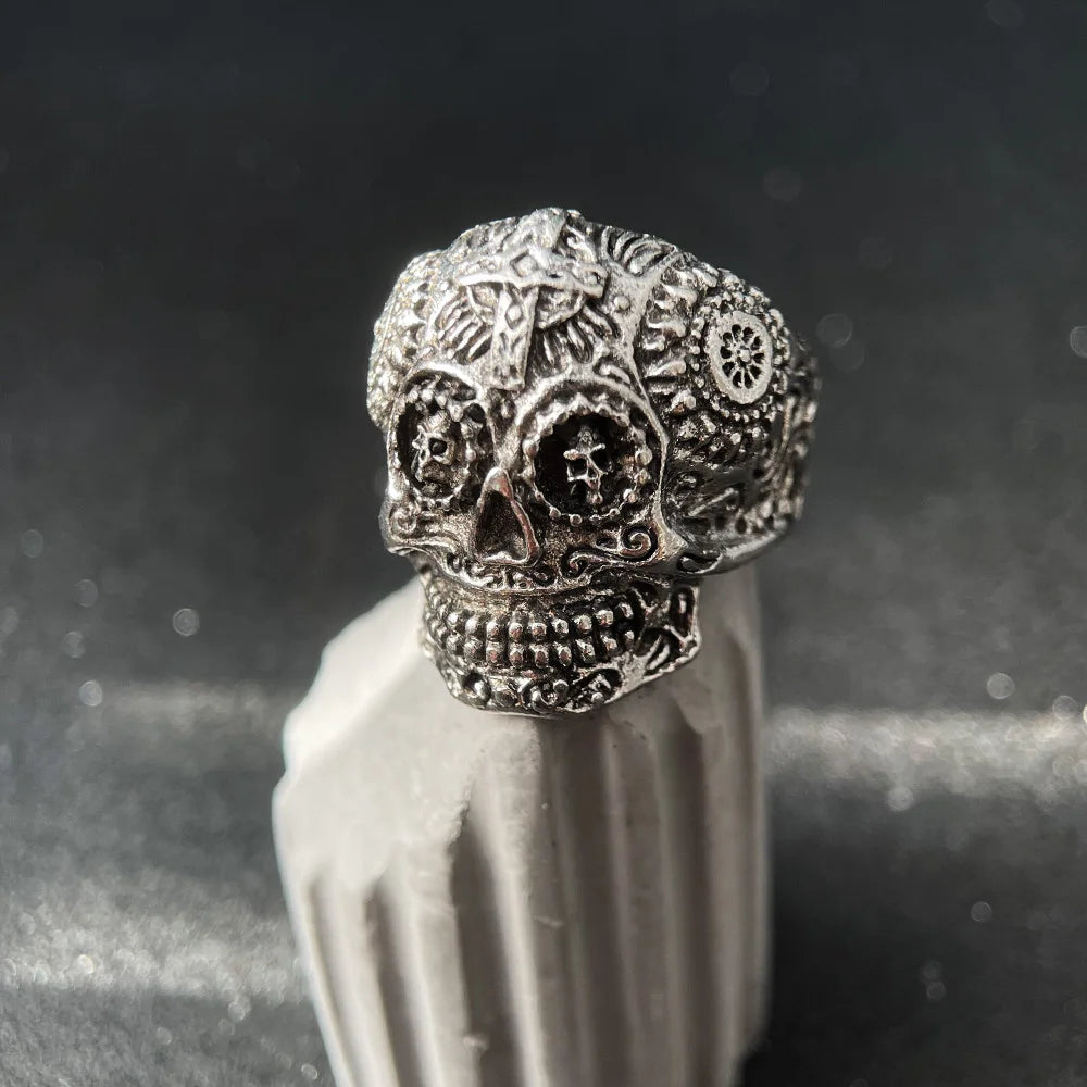 Retro Floral Cross Skull Ring for Men Steampunk Gothic Adjustable Open Ring Biker Jewelry Streetwear Accessories Unisex